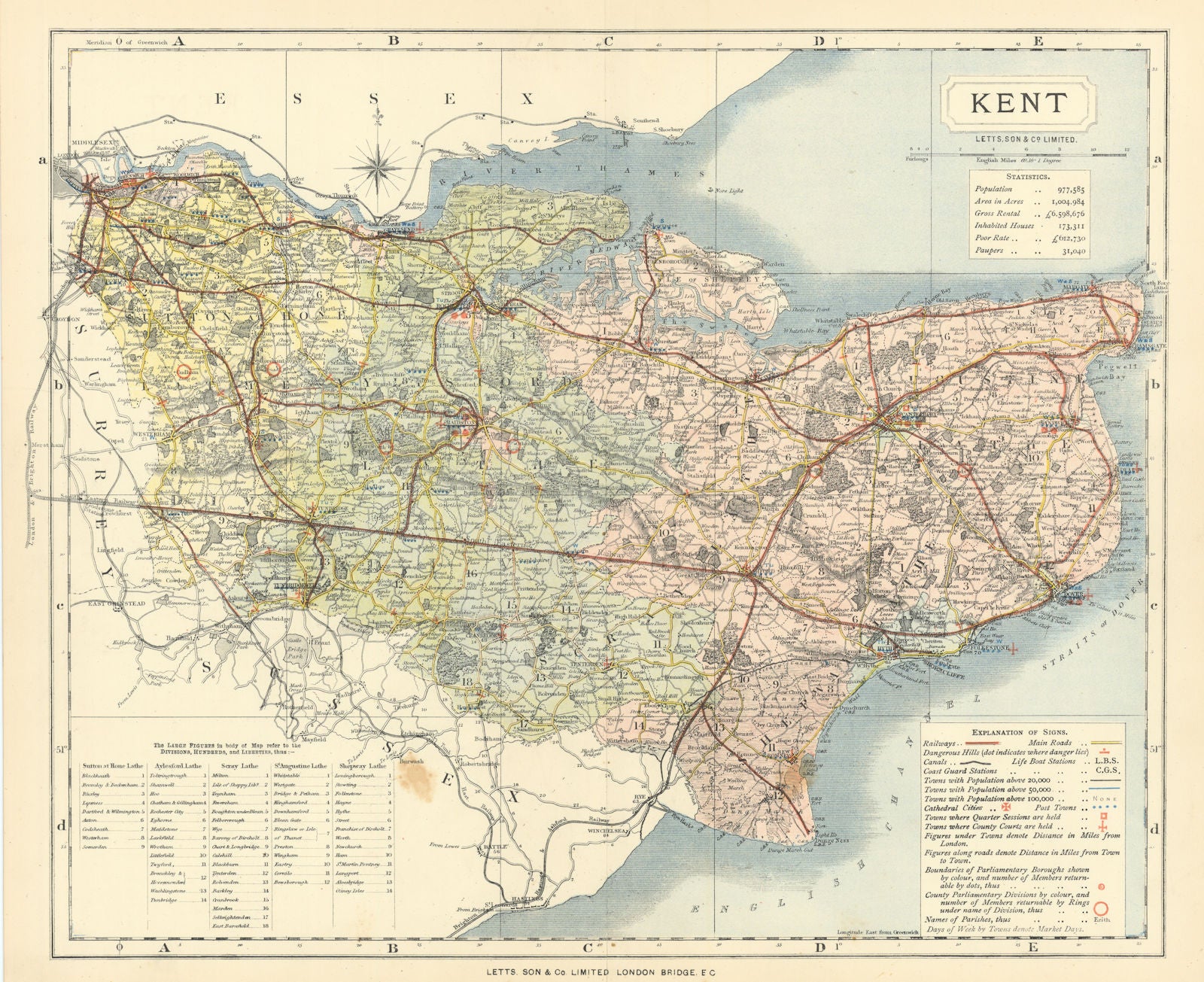 Kent county map showing Post Towns & Market Days. LETTS 1884 old antique
